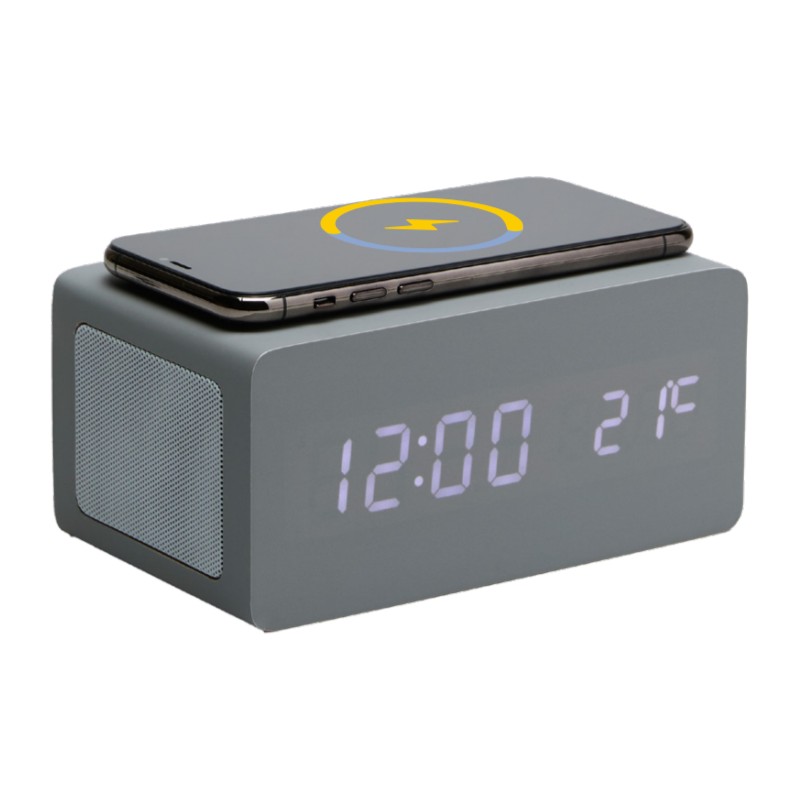 Orologio-sveglia digitale in legno grigio con display LED, temperatura, ricarica cellulare wireless e speaker bluetooth - funzionamento con cavo USB incluso